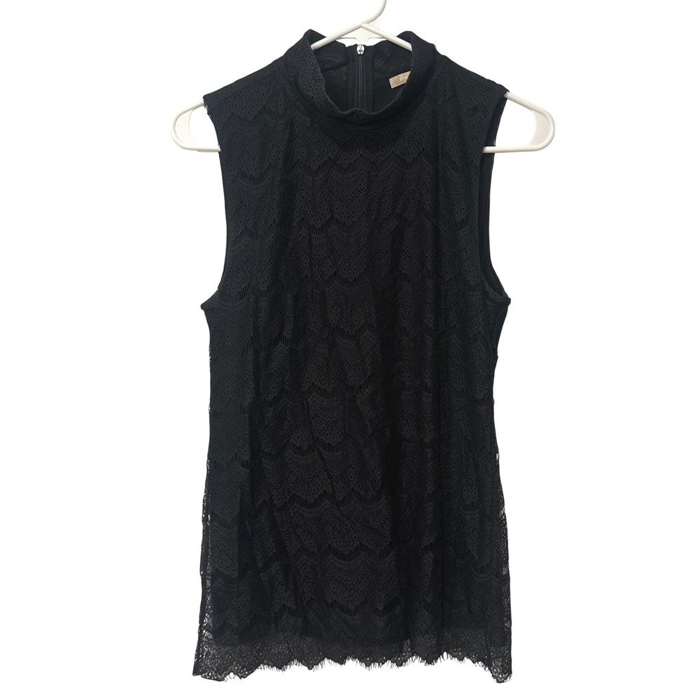 Banana Republic Lace Top Women XS Black Mock Neck Sleeveless Back Zip Coquette